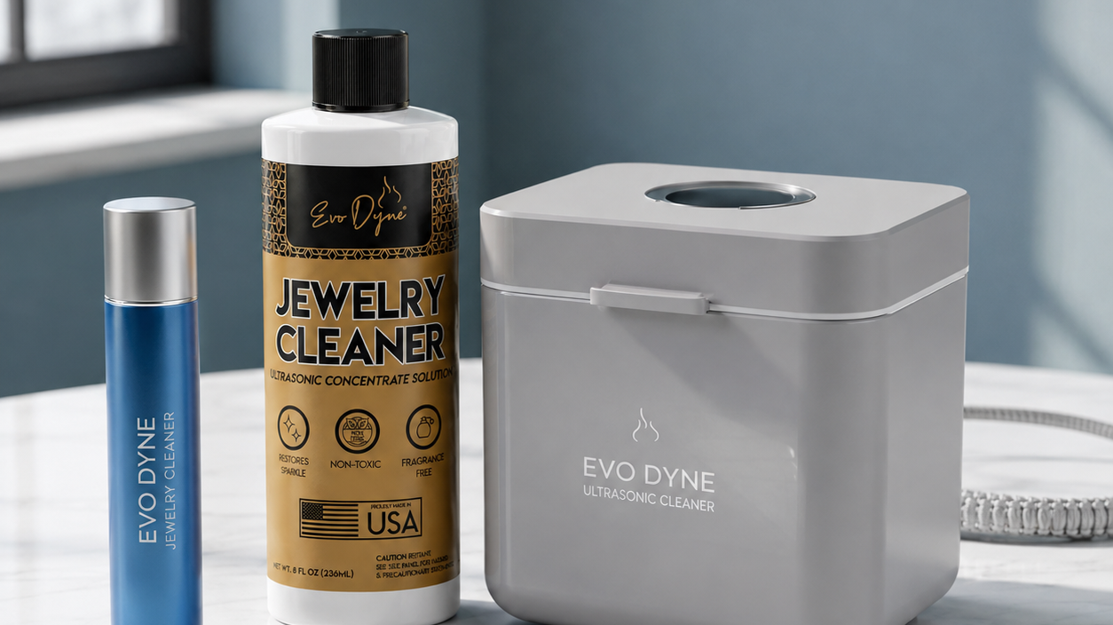 Sleek consumer goods products displayed on a marble surface with soft lighting.