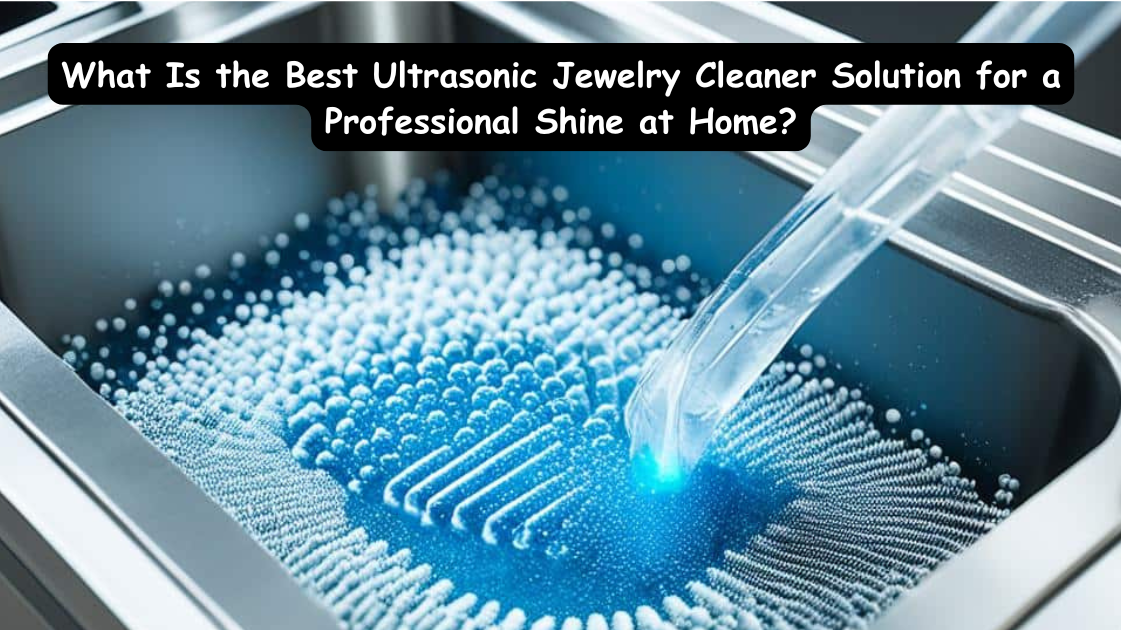 Close-up of a sparkling diamond ring next to an ultrasonic jewelry cleaner on a bathroom counter.
