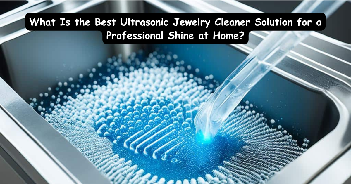Close-up of a sparkling diamond ring next to an ultrasonic jewelry cleaner on a bathroom counter.