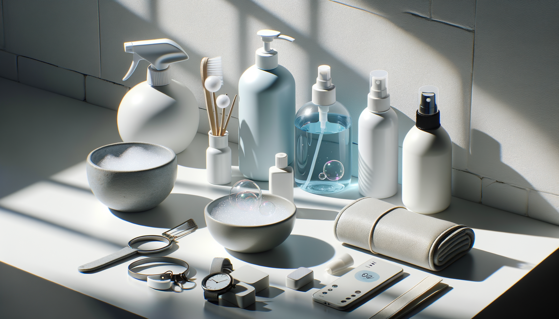 clean countertop with assorted home, pet, and car care products in soft light