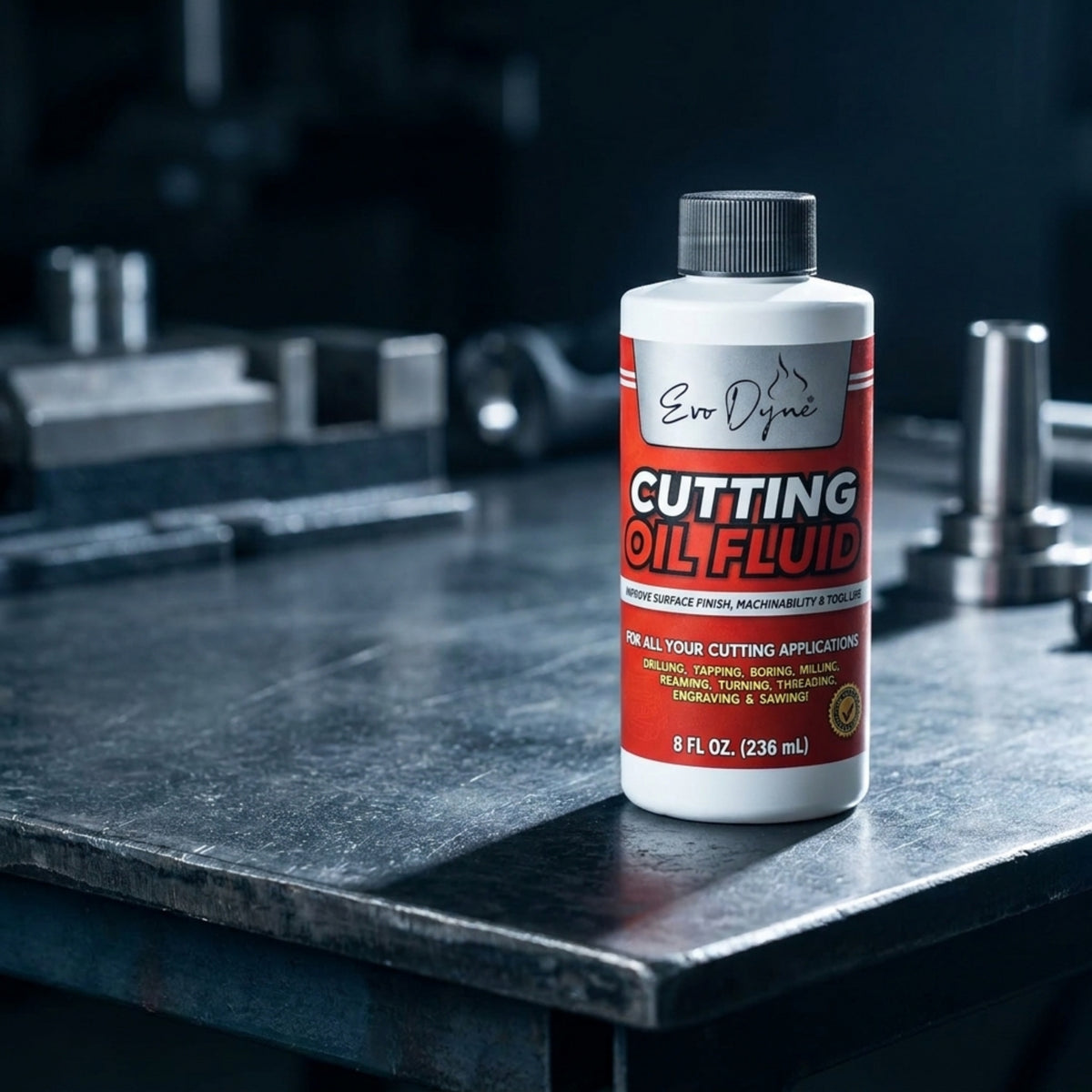 Evo Dyne cutting oil bottle beside calipers on a workbench