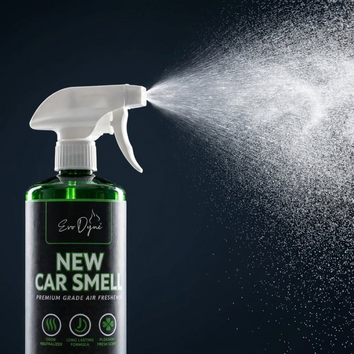 Evo Dyne car air freshener spray eliminating odors in a vehicle