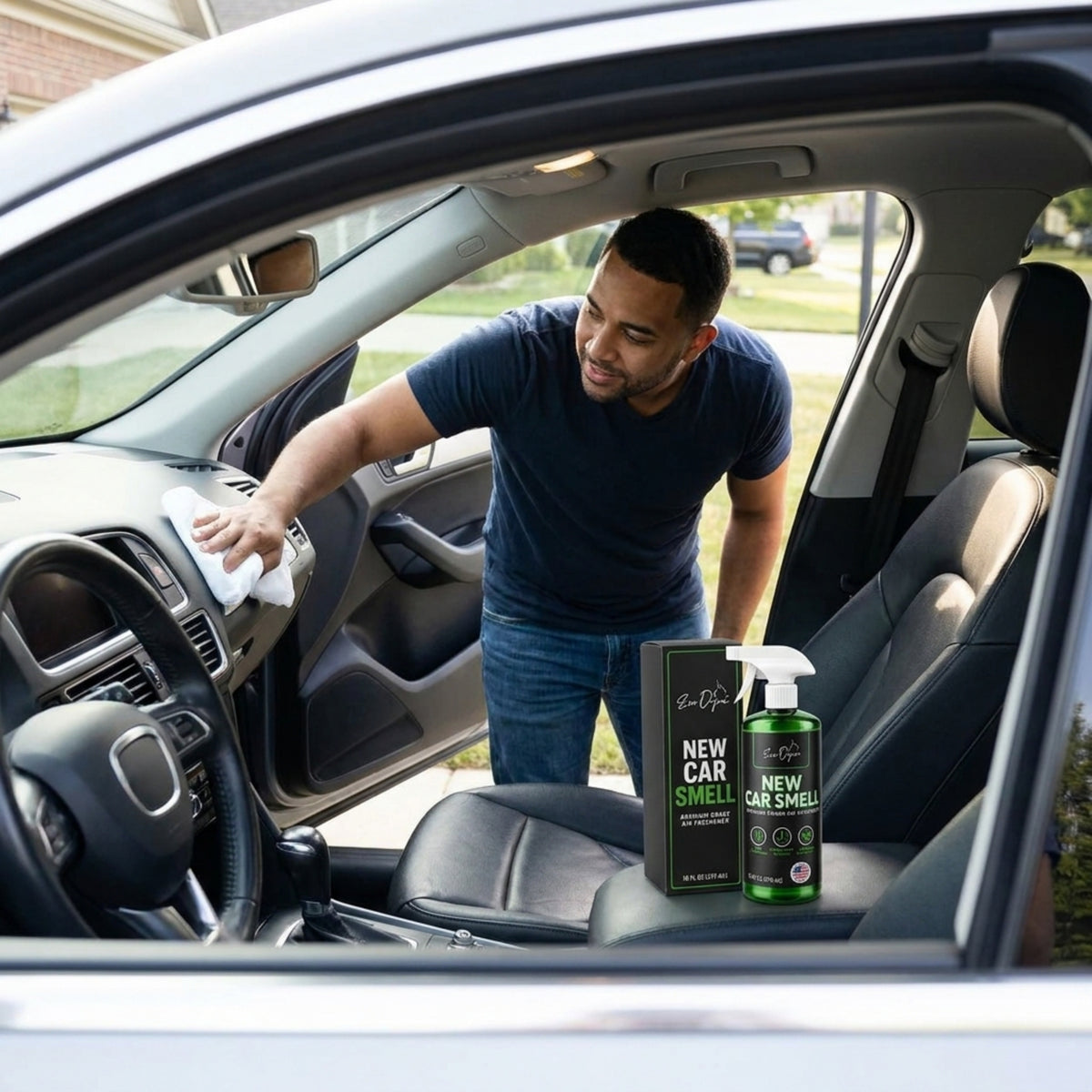 Evo Dyne car freshener spray bottle in use on car seats