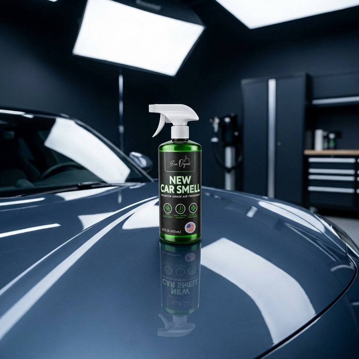 Evo Dyne fresh scent car spray bottle close-up